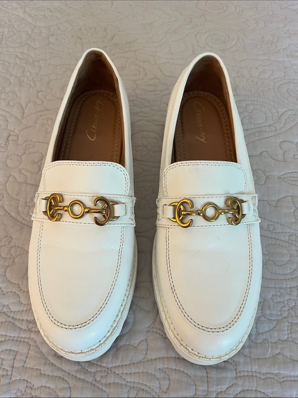 Circus by Sam Edelman White Leather Loafers with Gold Bit Detail